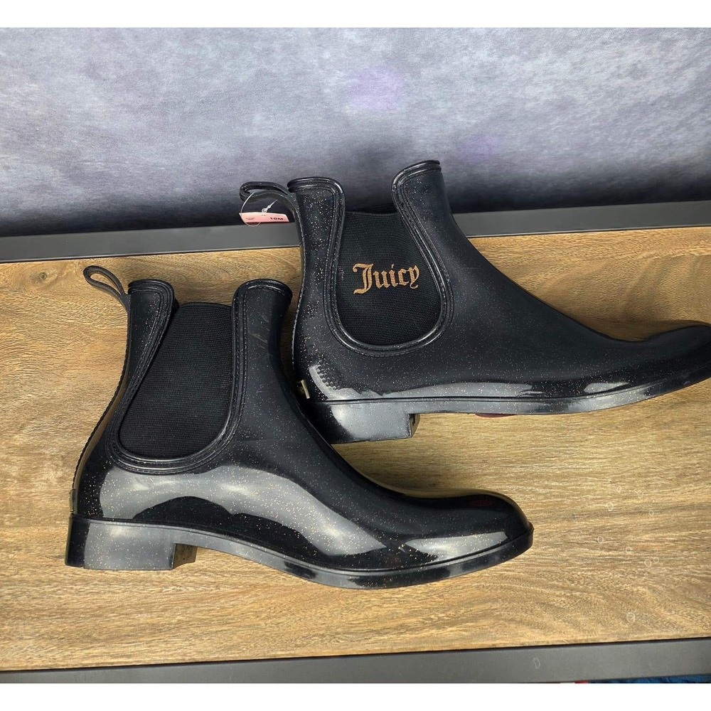 Juicy Couture Rori Women Black Gold Glitter Chelsea Rain Boots Size 10 NEW